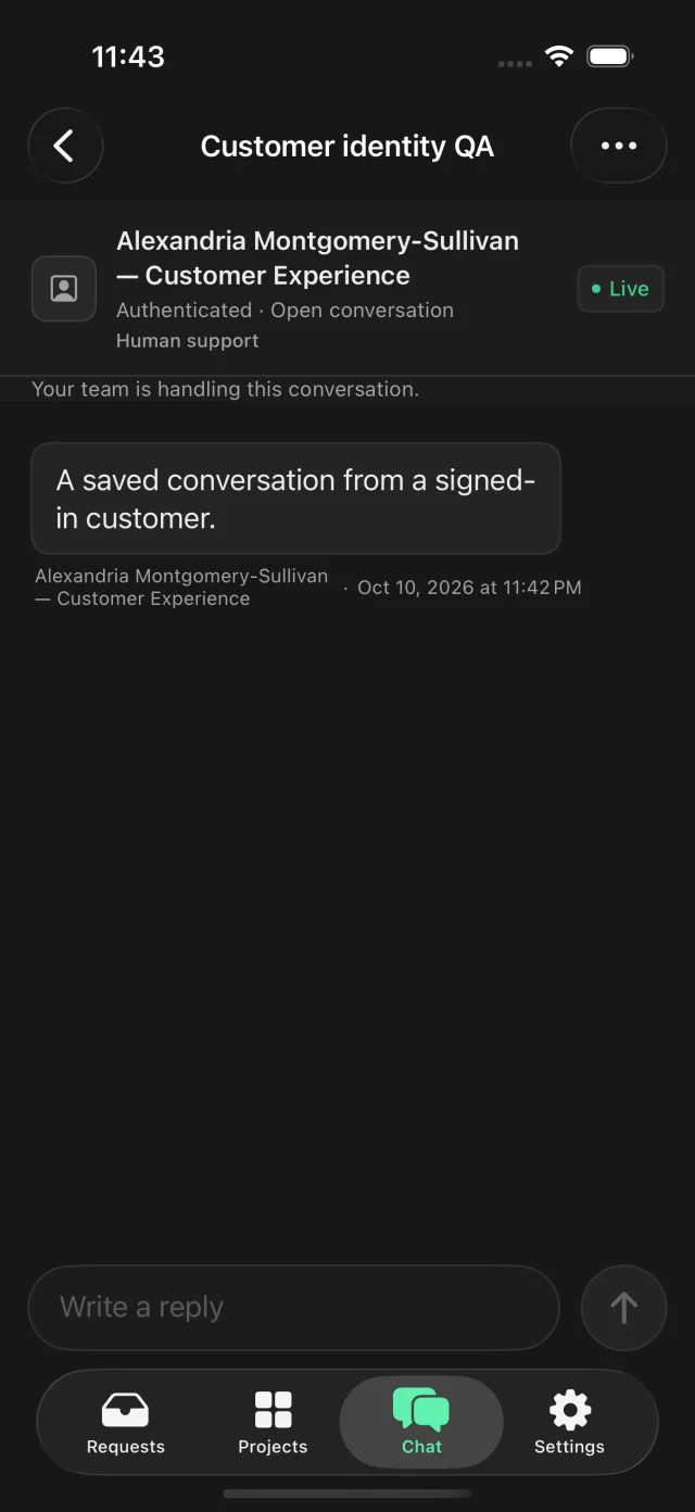 An open customer conversation in SupaKnock, with a saved message, human support status, and the native reply composer.