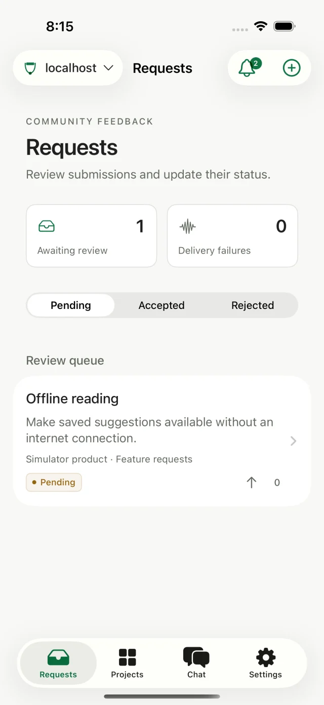 The native Requests screen in light mode, with a submission awaiting review and Pending, Accepted, and Rejected filters.